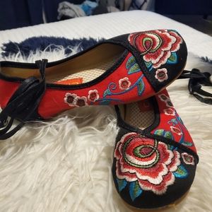 Embroidered Red Floral Flats